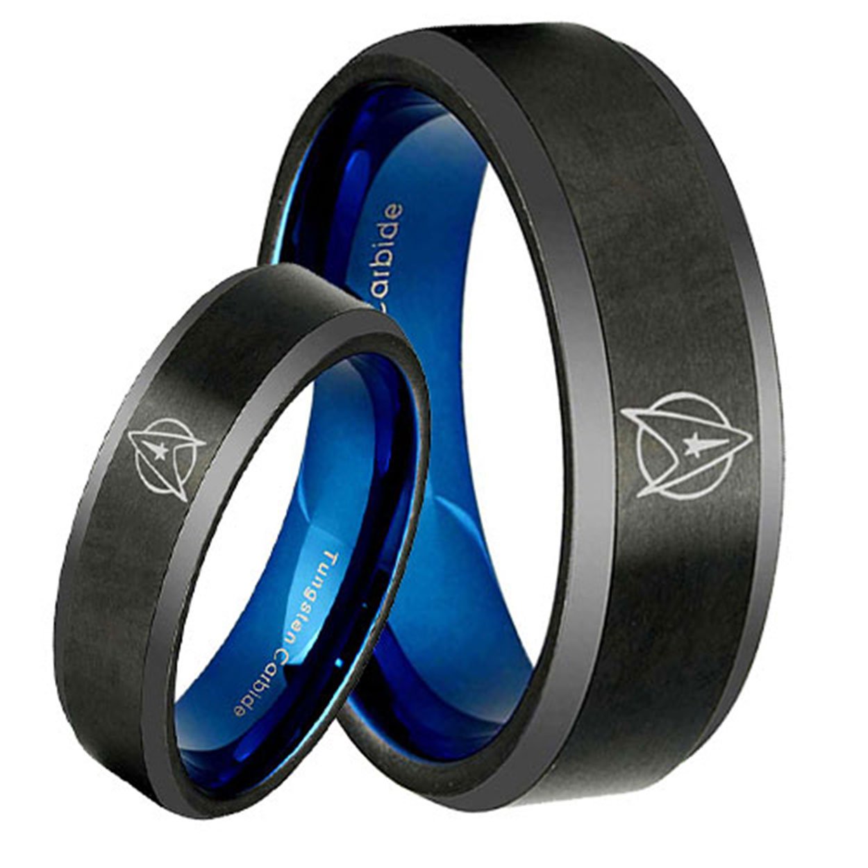 Star Trek Bevel Black Tungsten His and Hers Matching Ring Set