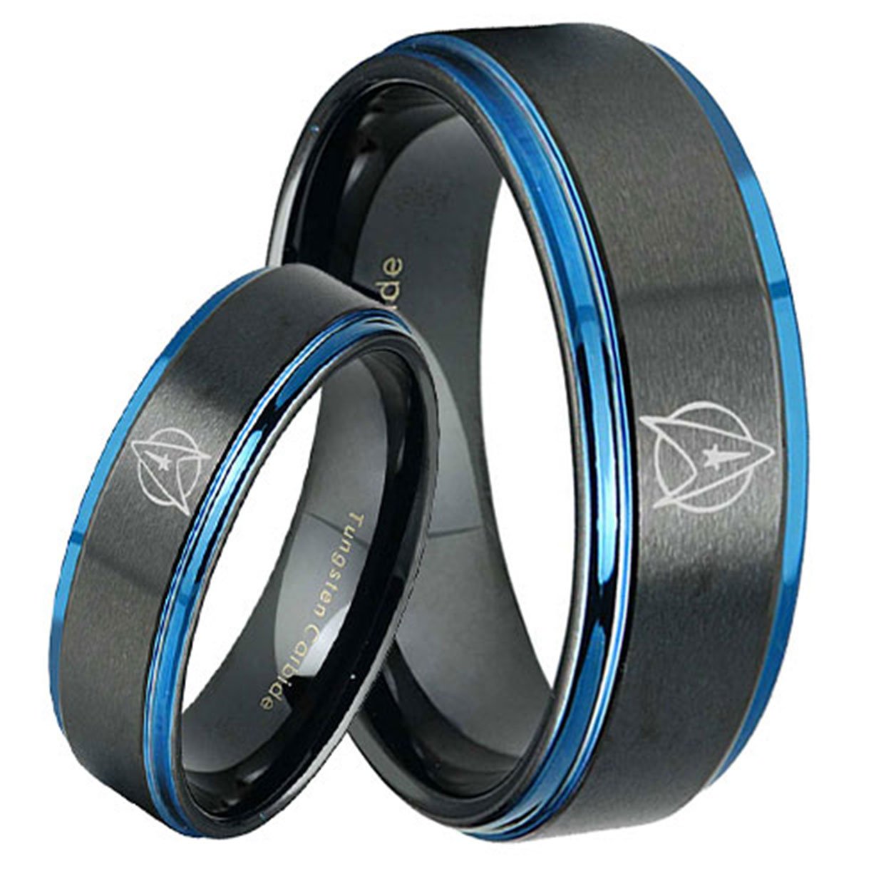 Star Trek Step Edge Blue Tungsten Bridal Matching Ring Set
