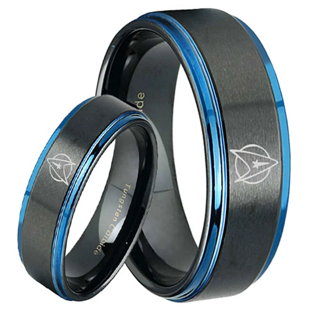 Star Trek Step Edge Blue Tungsten Bridal Matching Ring Set