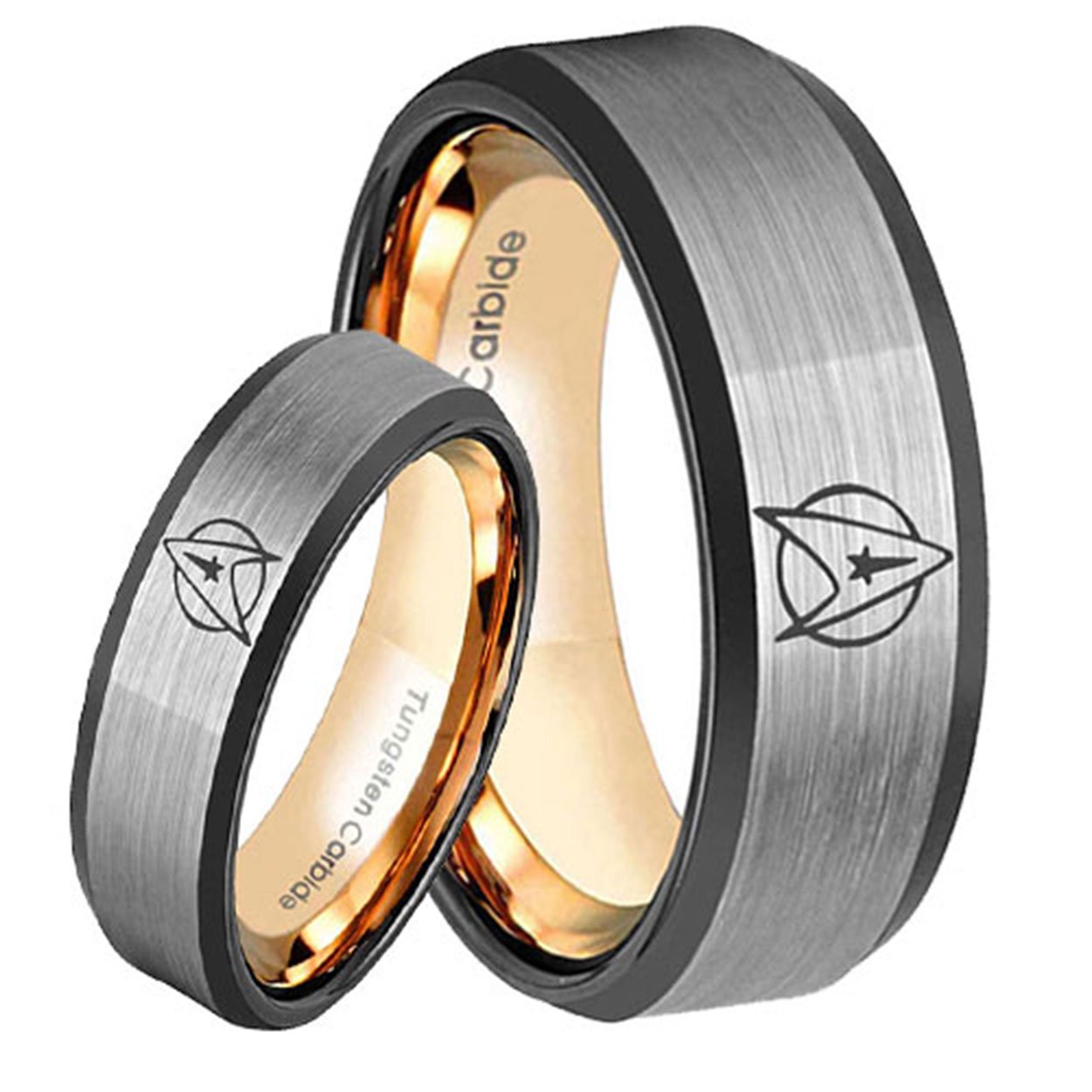 Star Trek Bevel Rose Gold Tungsten Couples Matching Ring Set