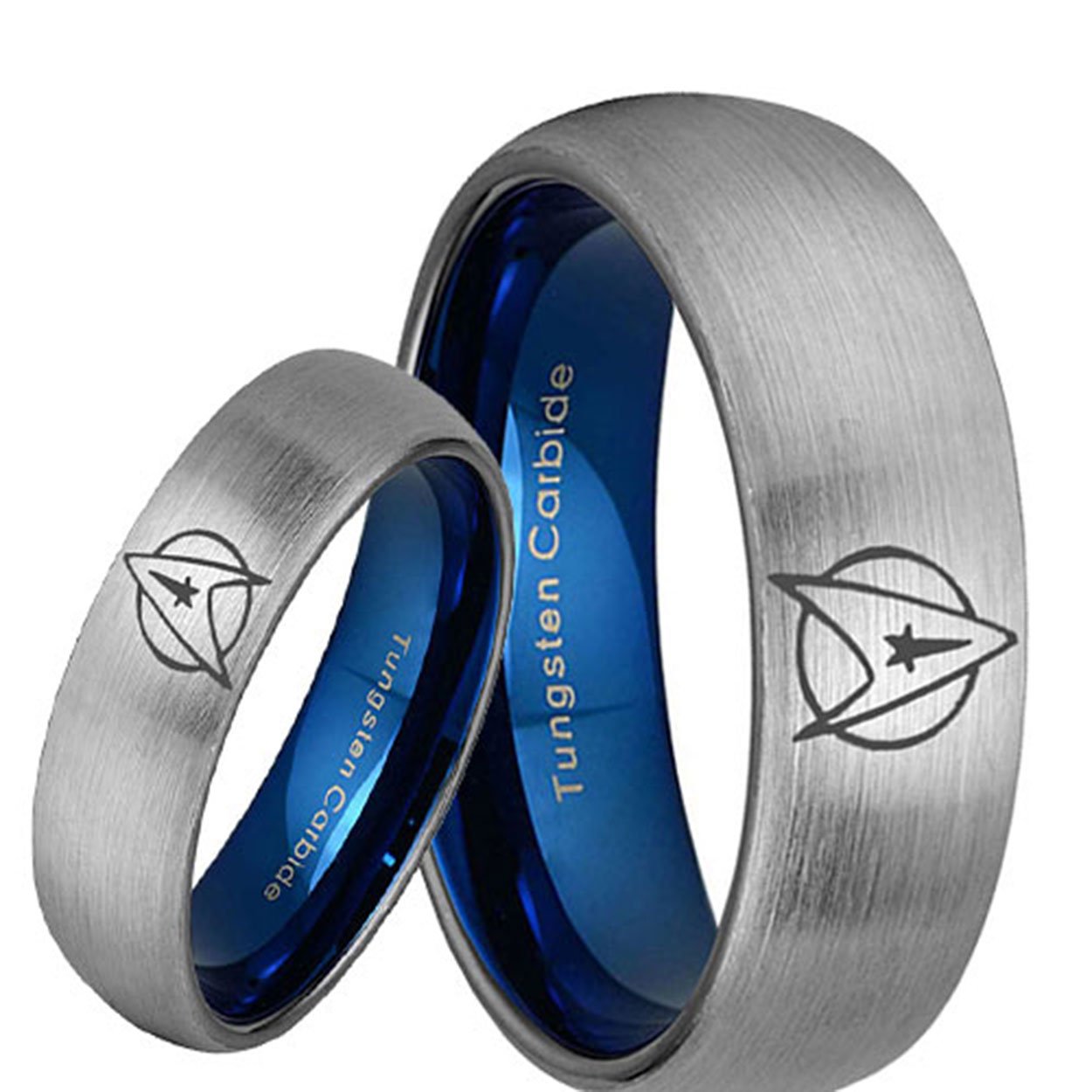 Star Trek Dome Blue Gray Tungsten His and Hers Engagement Ring Set