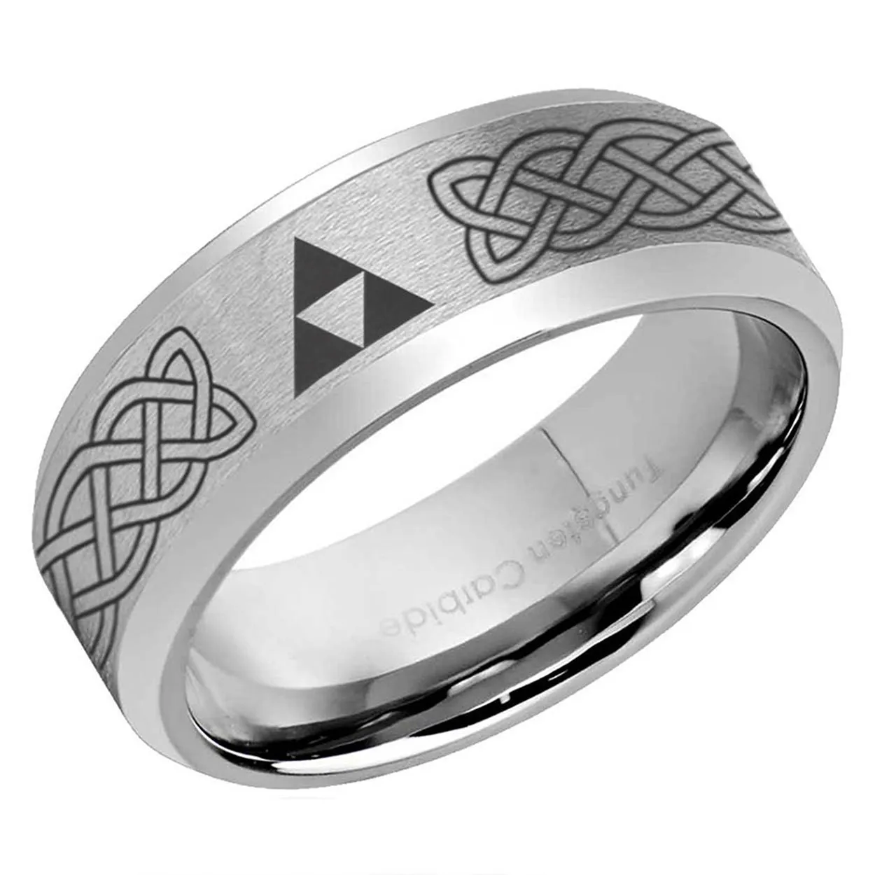Celtic Triforce Beveled Edge Tungsten Ring 8mm Matte Gray