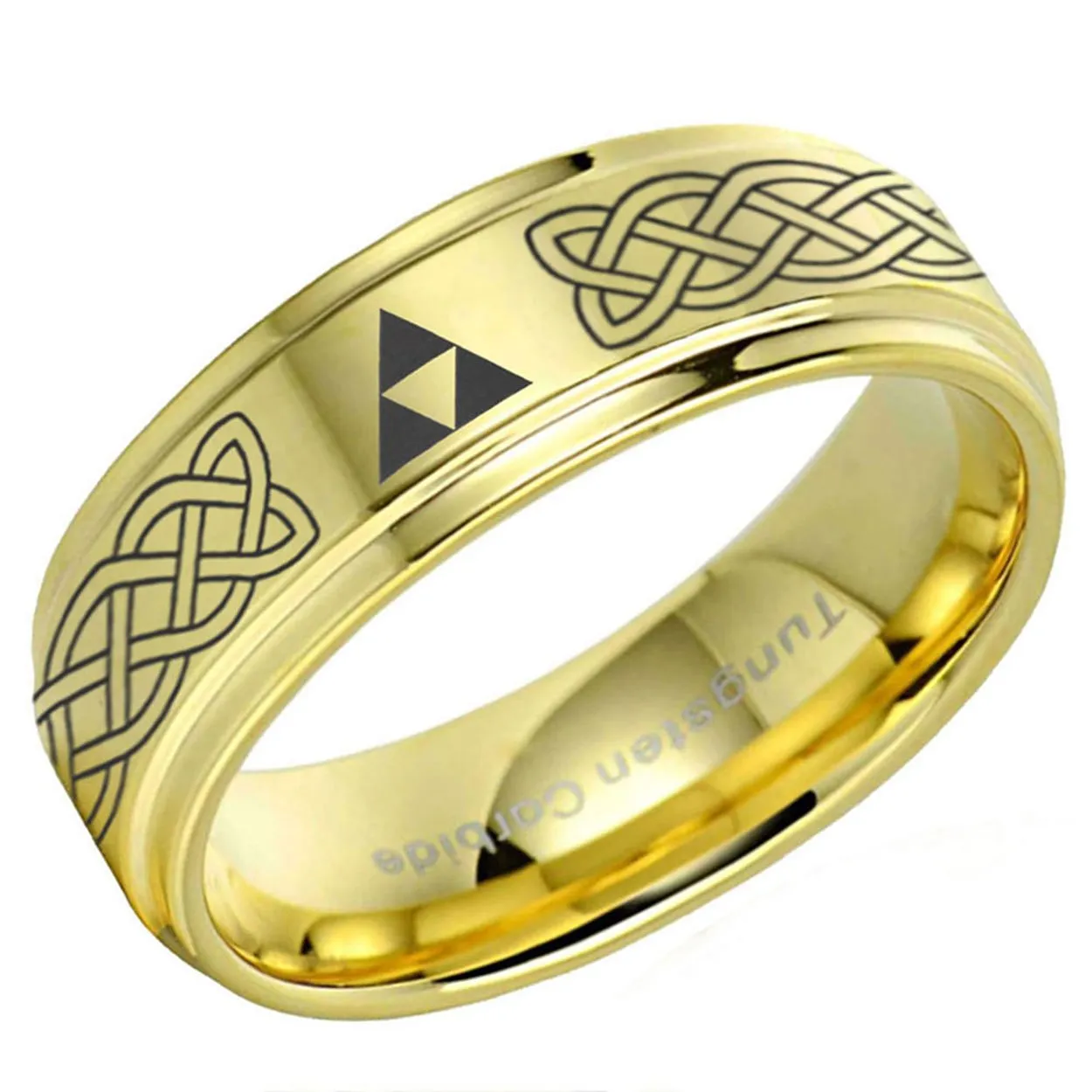 Celtic Triforce Step Edge Tungsten Ring 8mm Gold