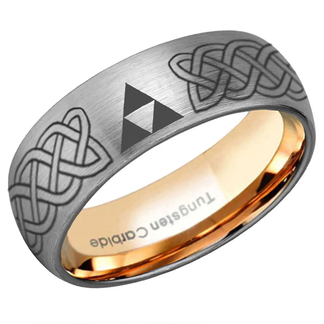 Celtic Triforce Dome Tungsten Ring 8mm Rose Gold Gray