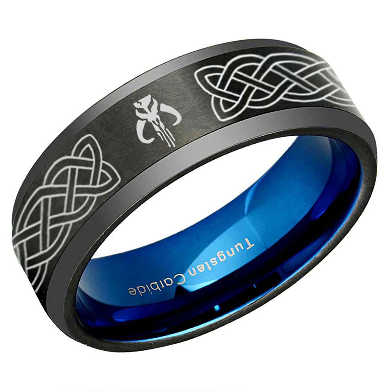 Celtic Boba Fett Beveled Edge Tungsten Ring Black Blue 8mm