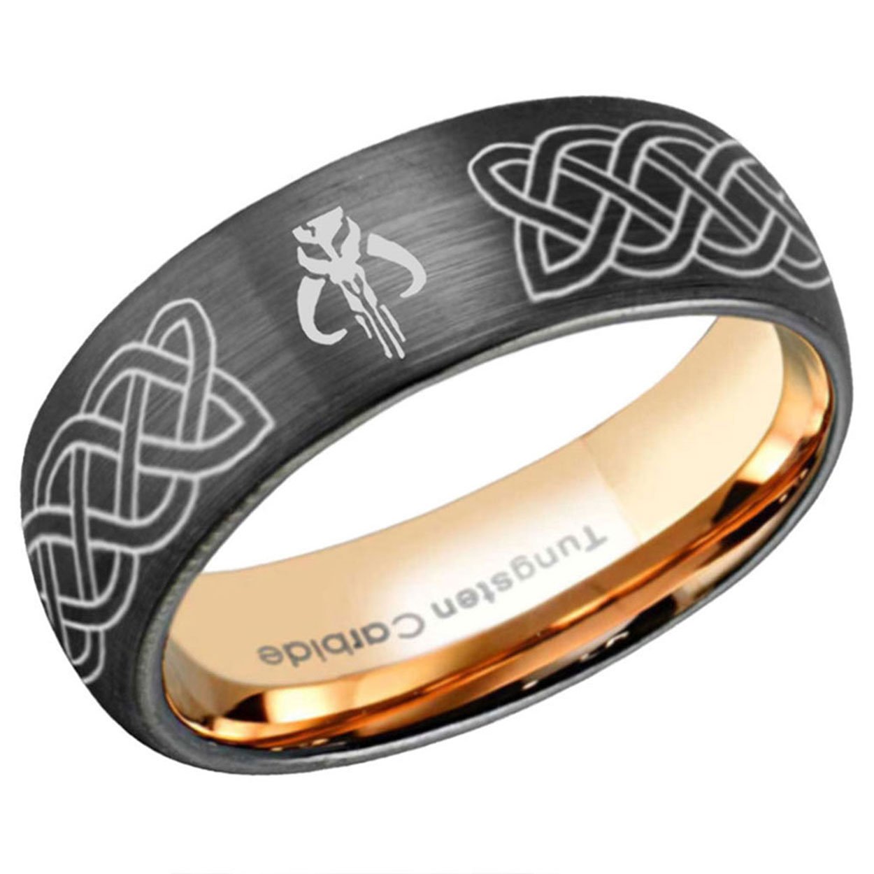 Celtic Boba Fett Dome Tungsten Ring Rose Gold Black 8mm