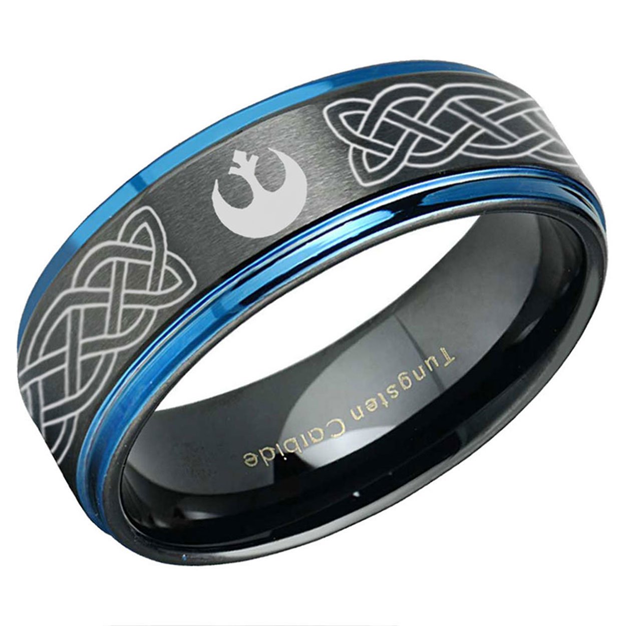 Celtic Rebel Alliance Step Edge Tungsten Ring Black Blue 8mm