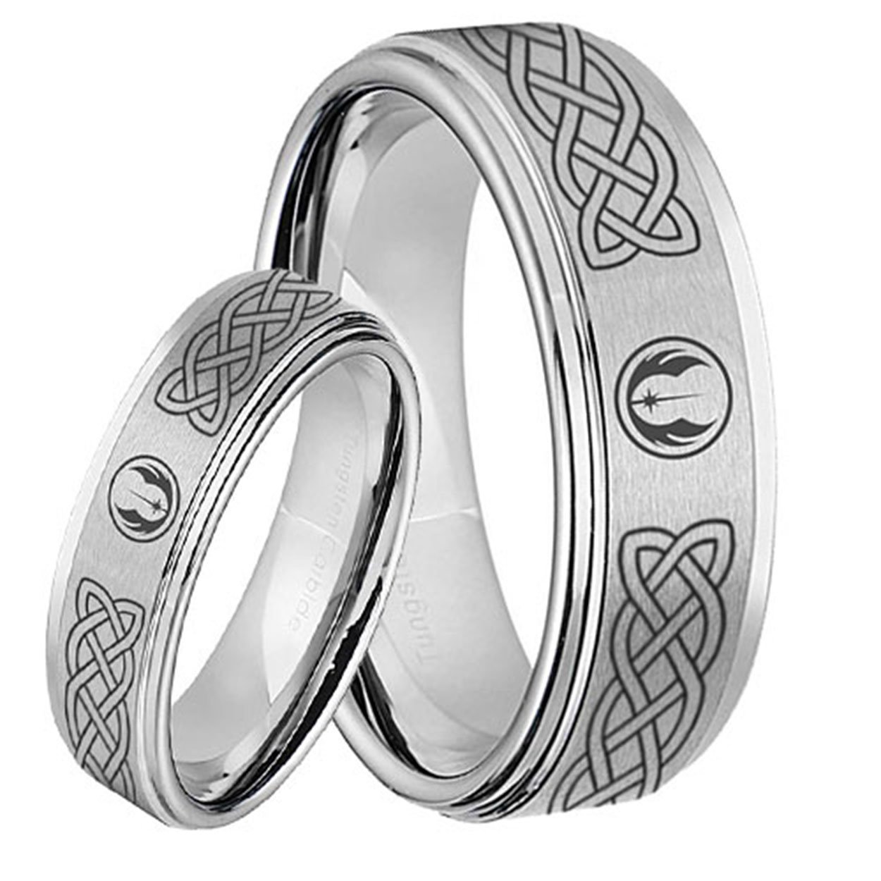 Celtic Jedi Star Wars Step Edge Silver Tungsten His and Hers Matching Ring Set