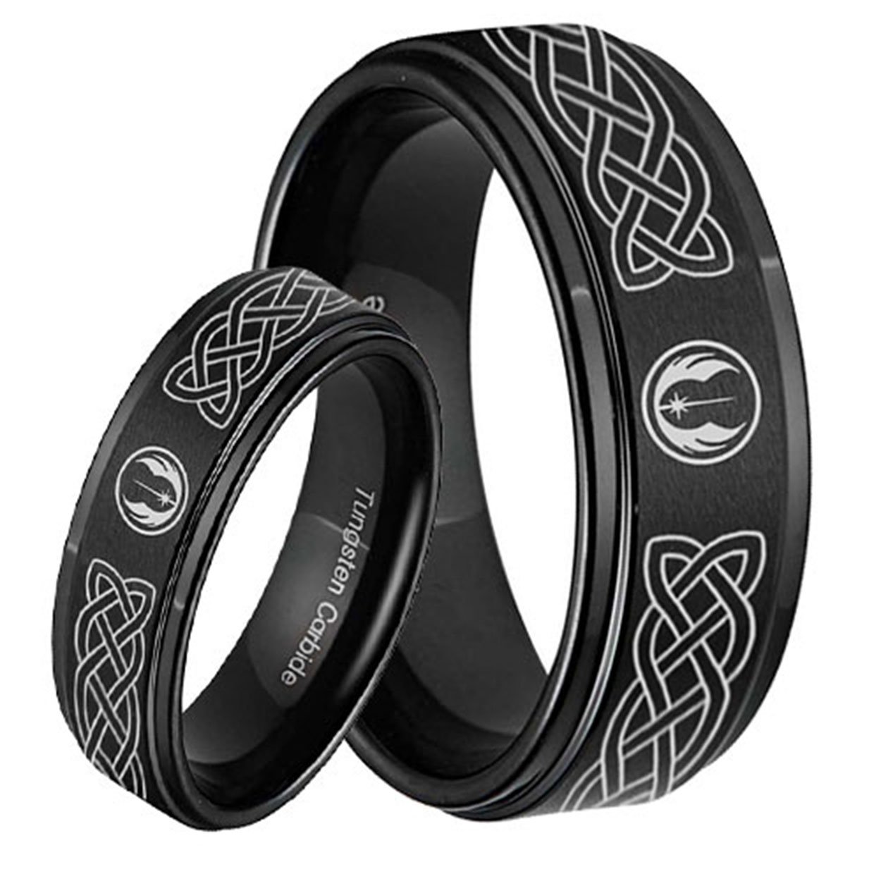 Celtic Jedi Star Wars Step Edge Black Tungsten His and Hers Matching Ring Set