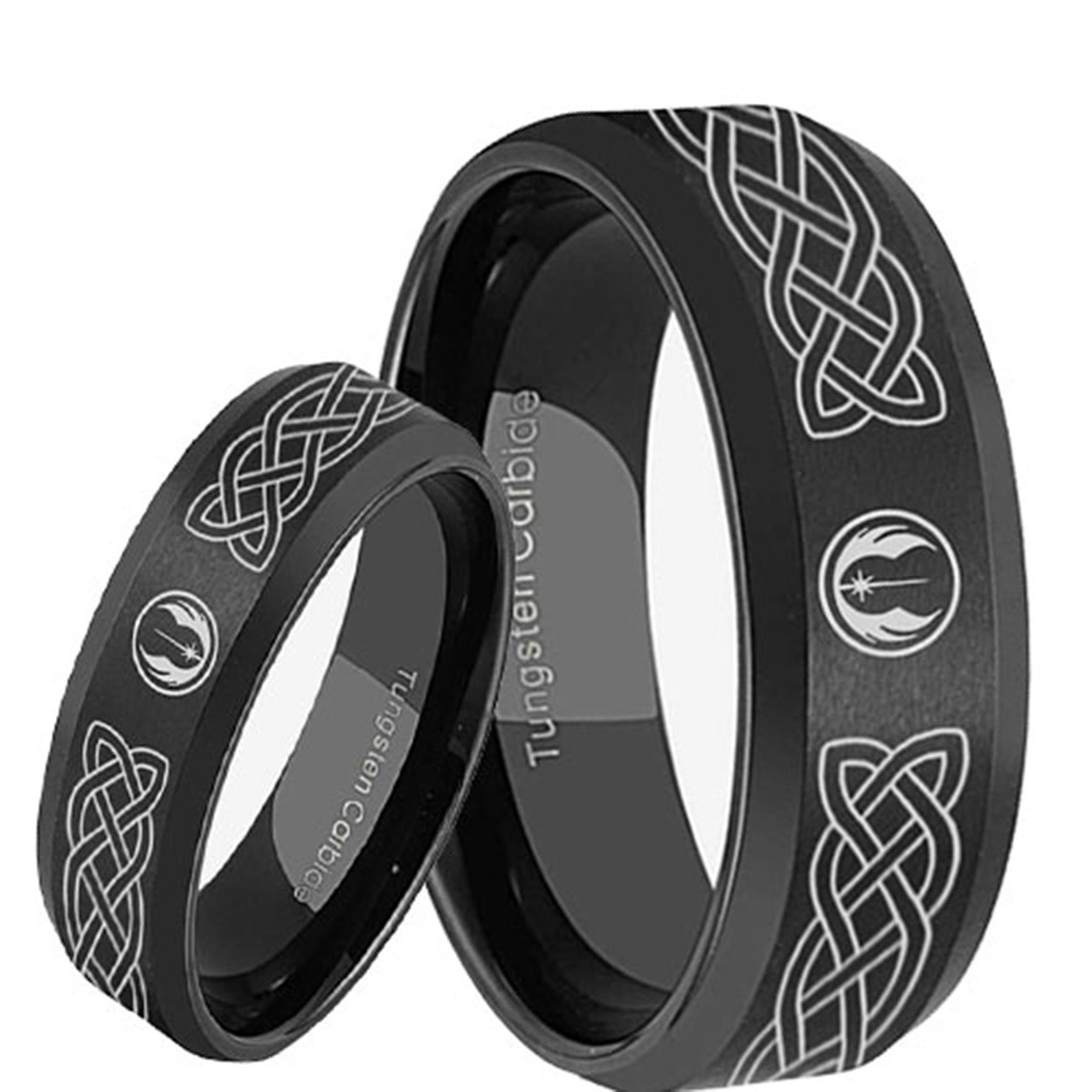 Celtic Jedi Star Wars Bevel Black Tungsten His and Hers Matching Ring Set