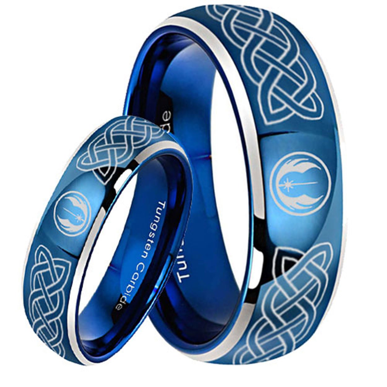Celtic Jedi Star Wars Dome Blue Tungsten His and Hers Matching Ring Set
