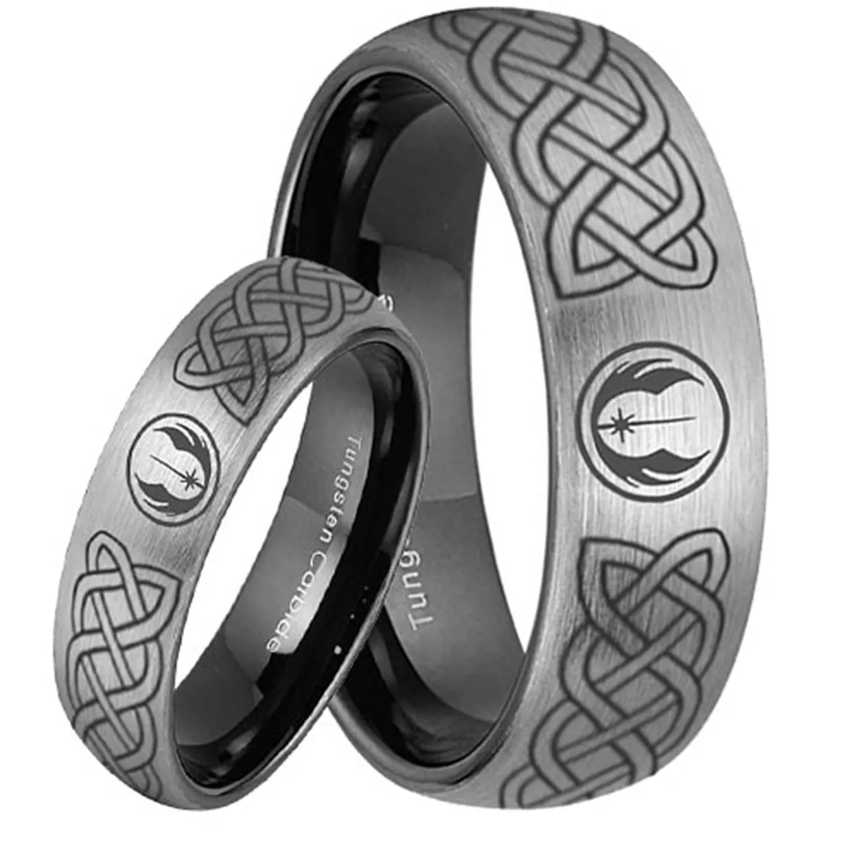 Celtic Jedi Star Wars Dome Black Tungsten His and Hers Matching Ring Set