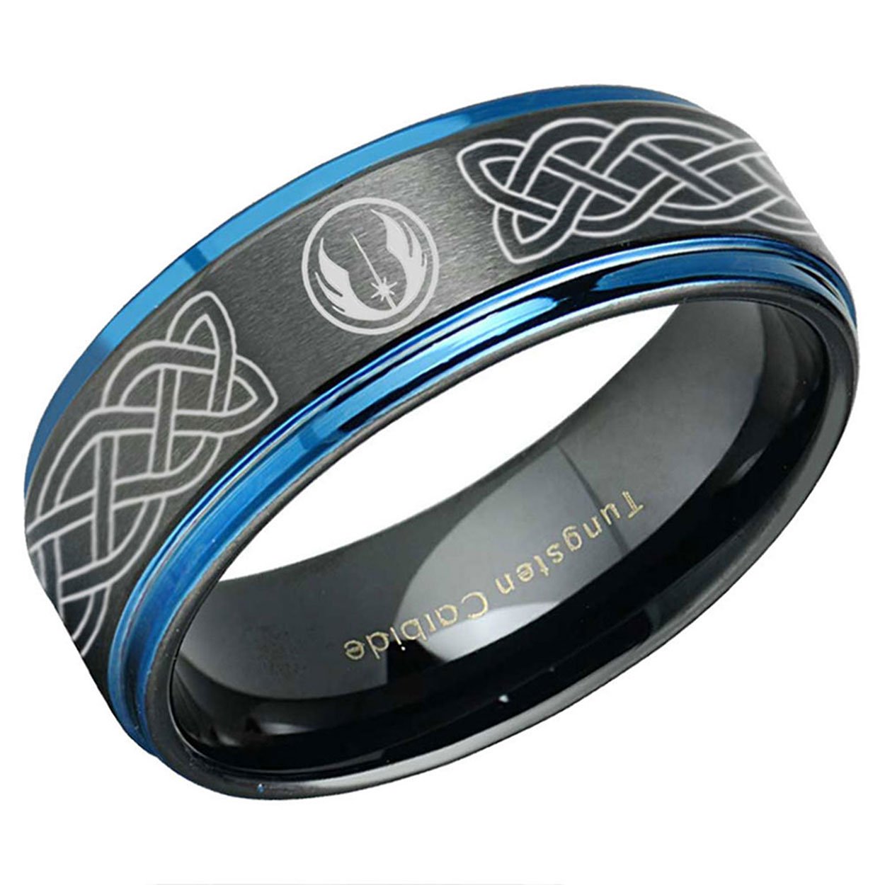 Celtic Jedi Step Edge Tungsten Ring Black Blue 6mm