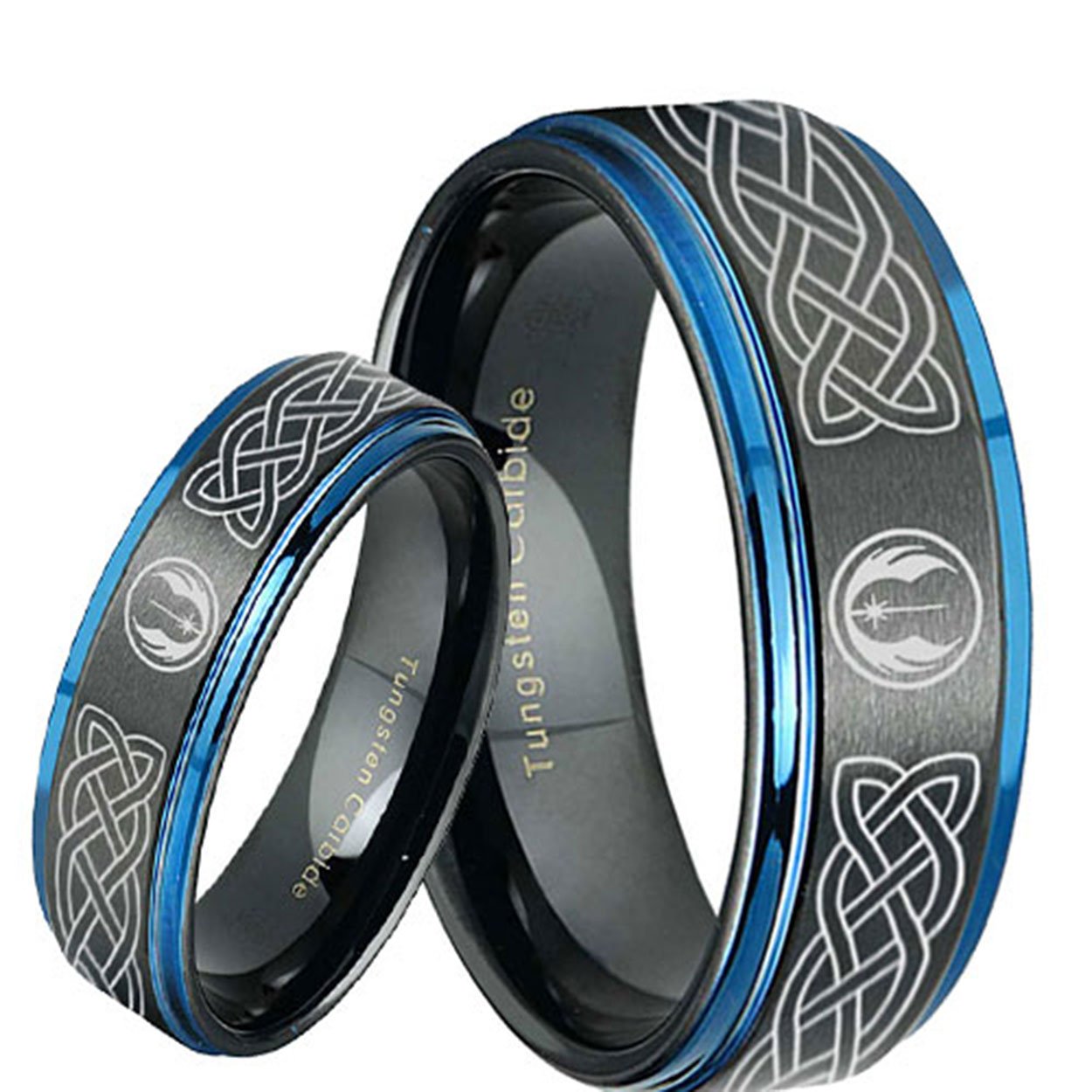 Celtic Jedi Star Wars Step Edge Blue Tungsten Bridal Matching Ring Set