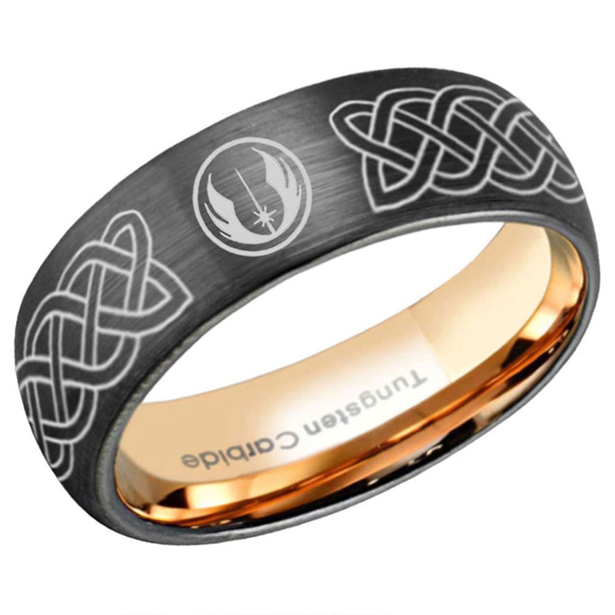 Celtic Jedi Dome Tungsten Ring Rose Gold Black 10mm
