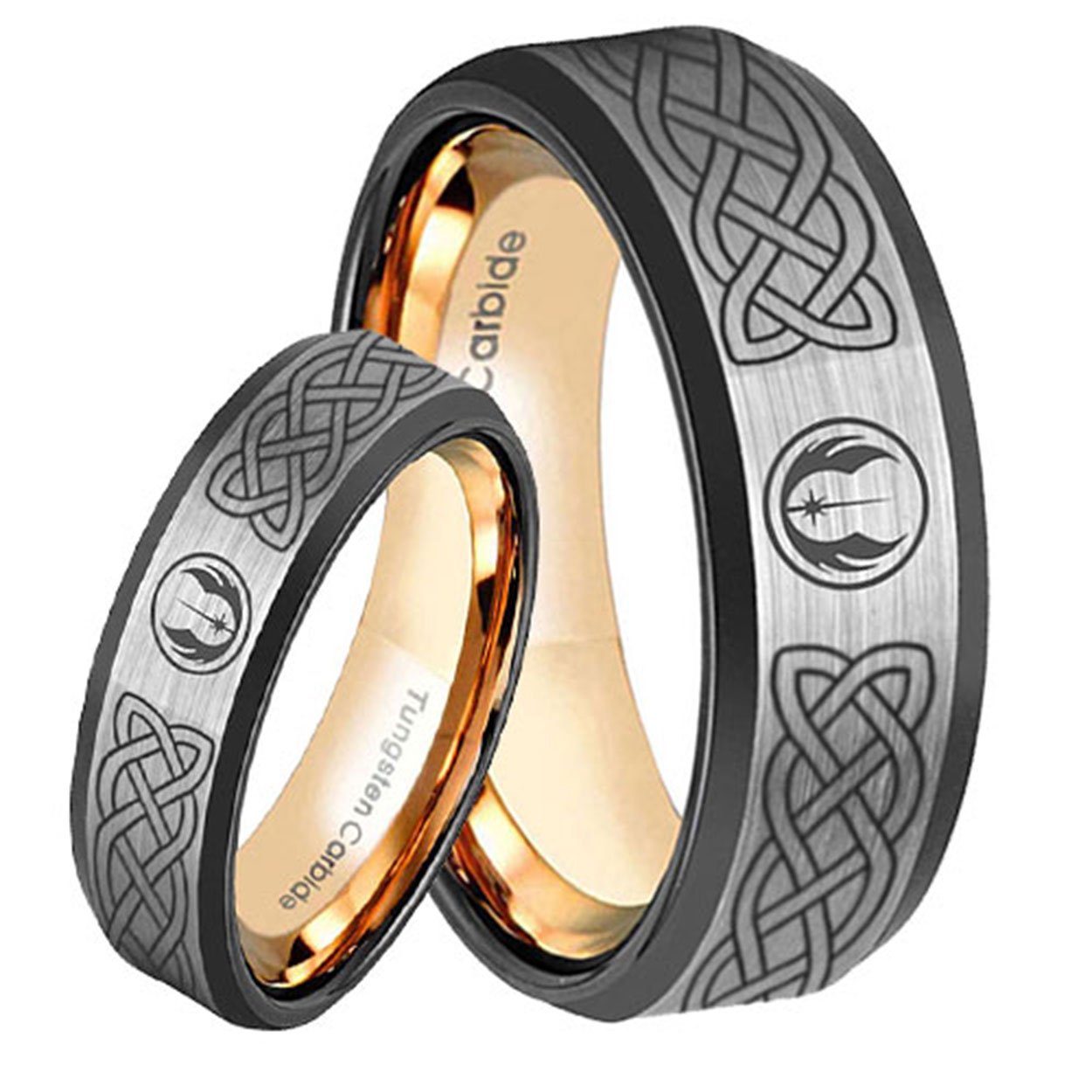 Celtic Jedi Star Wars Bevel Rose Gold Tungsten Couples Matching Ring Set