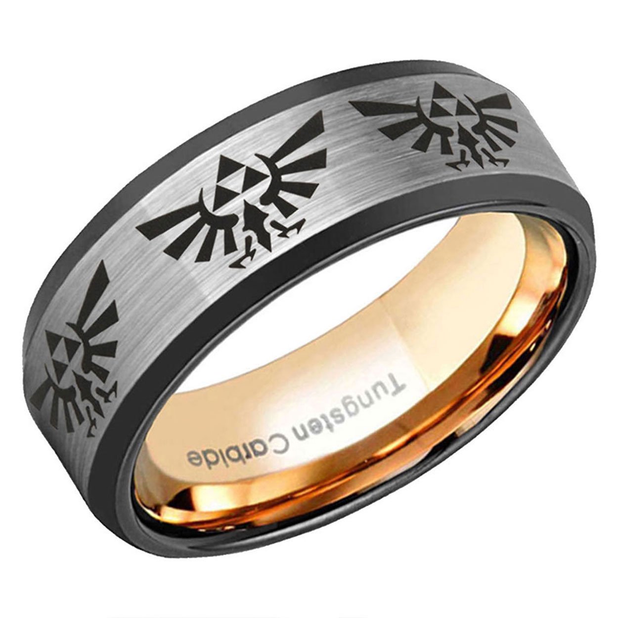 Legend of Zelda Hylian Crest Beveled Edge Tungsten Ring Rose Gold Gray 8mm