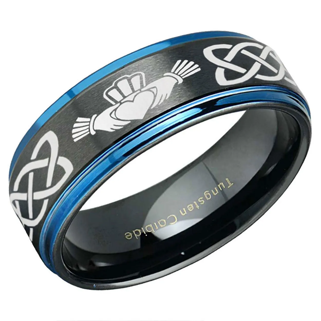 Claddagh Step Edge Tungsten Ring Black Blue 8mm