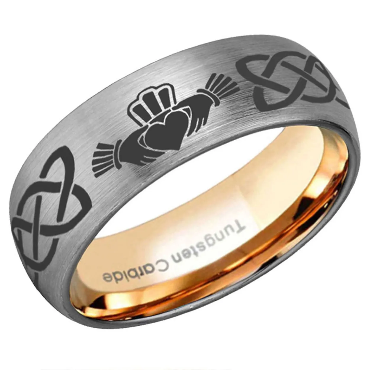 Claddagh Dome Tungsten Ring Rose Gold Gray 8mm