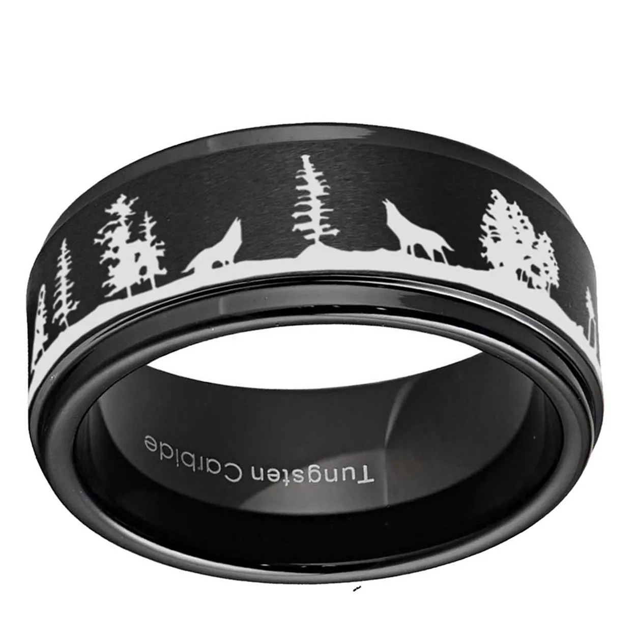 Howling Wolf 8mm Step Edge Tungsten Ring Black