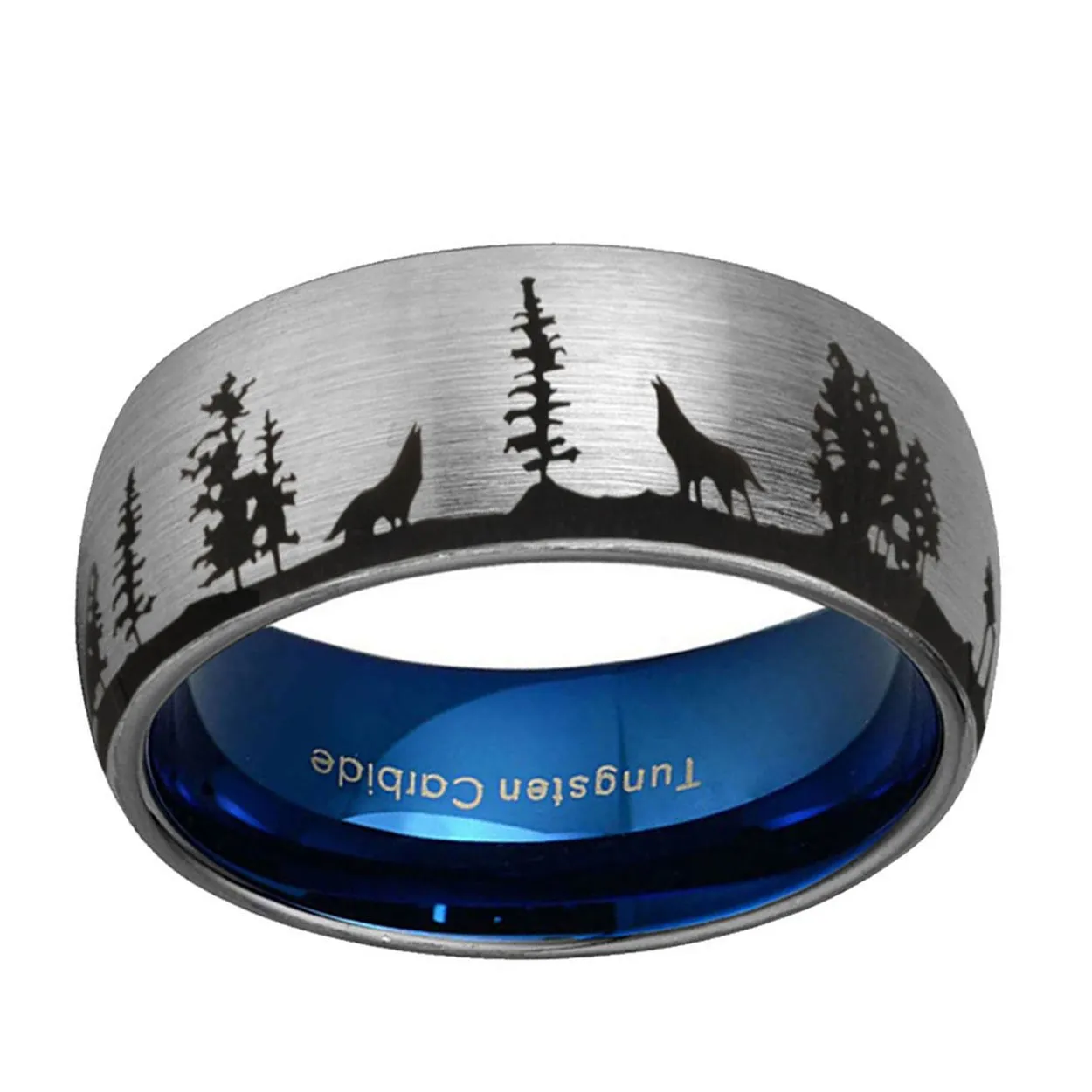 Howling Wolf 8mm Dome Tungsten Ring Gray Blue