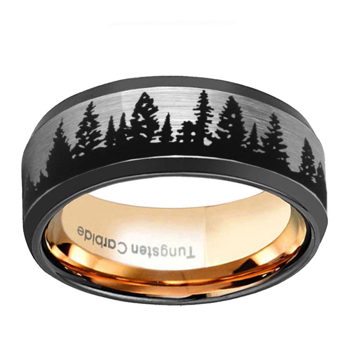 Forest Nature 8mm Beveled Edge Tungsten Ring Gray Rose Gold