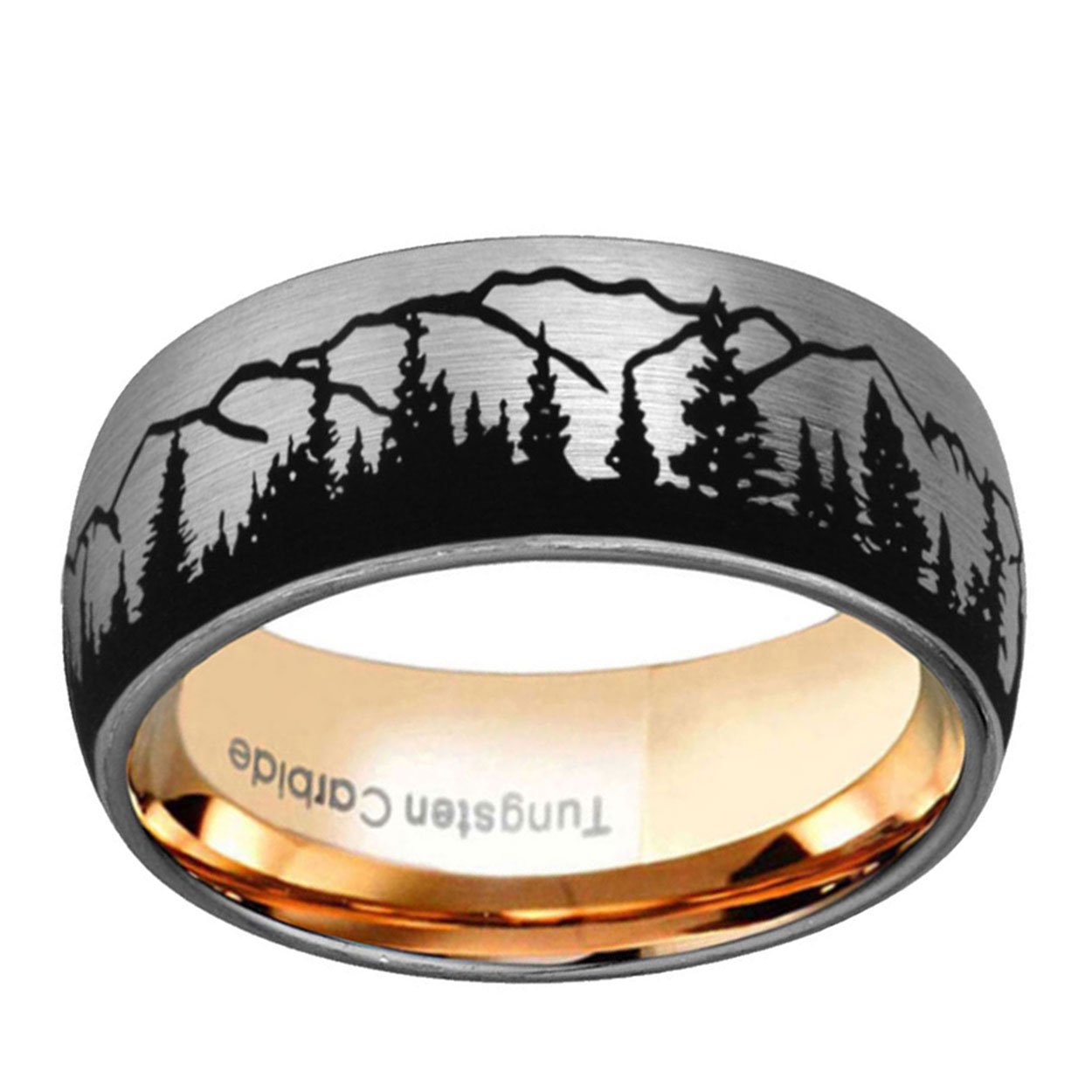 Mountain Forest 8mm Dome Tungsten Ring Gray Rose Gold