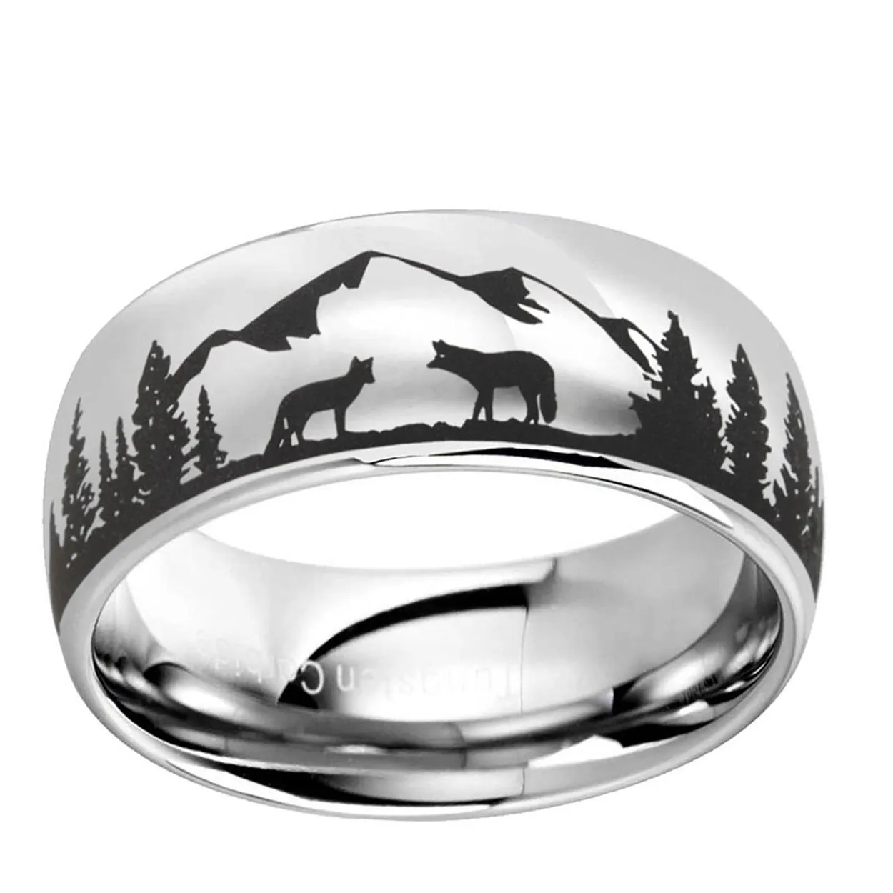 Foxes In Forest 8mm Dome Tungsten Ring