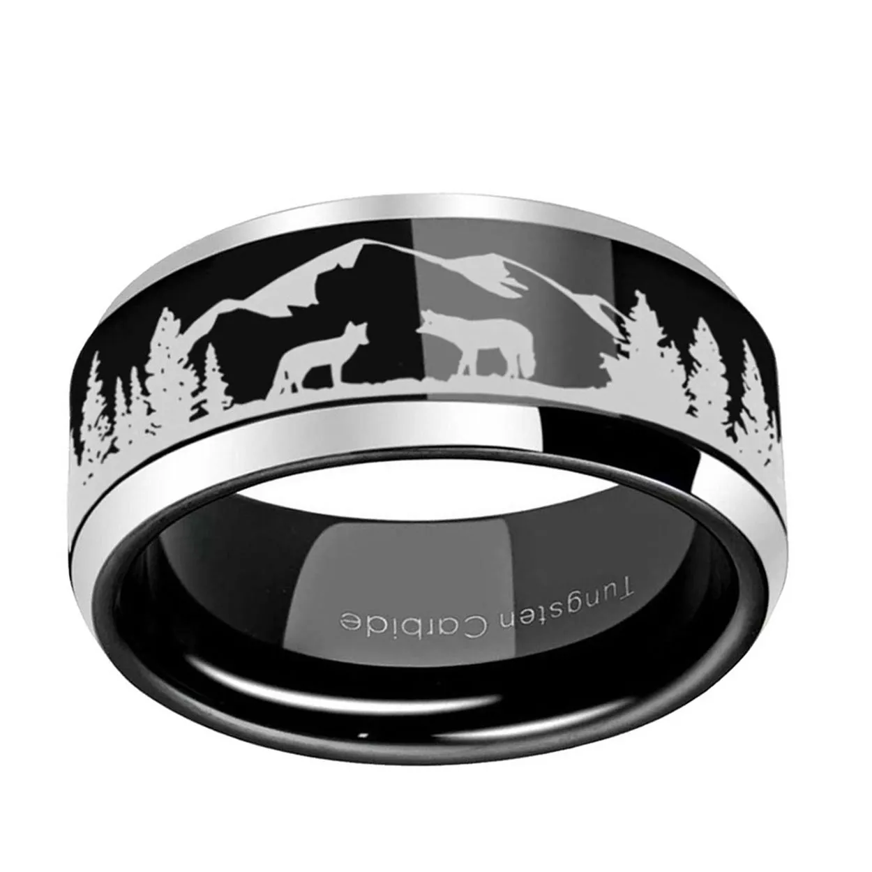 Foxes In Forest 8mm Beveled Edge Tungsten Ring