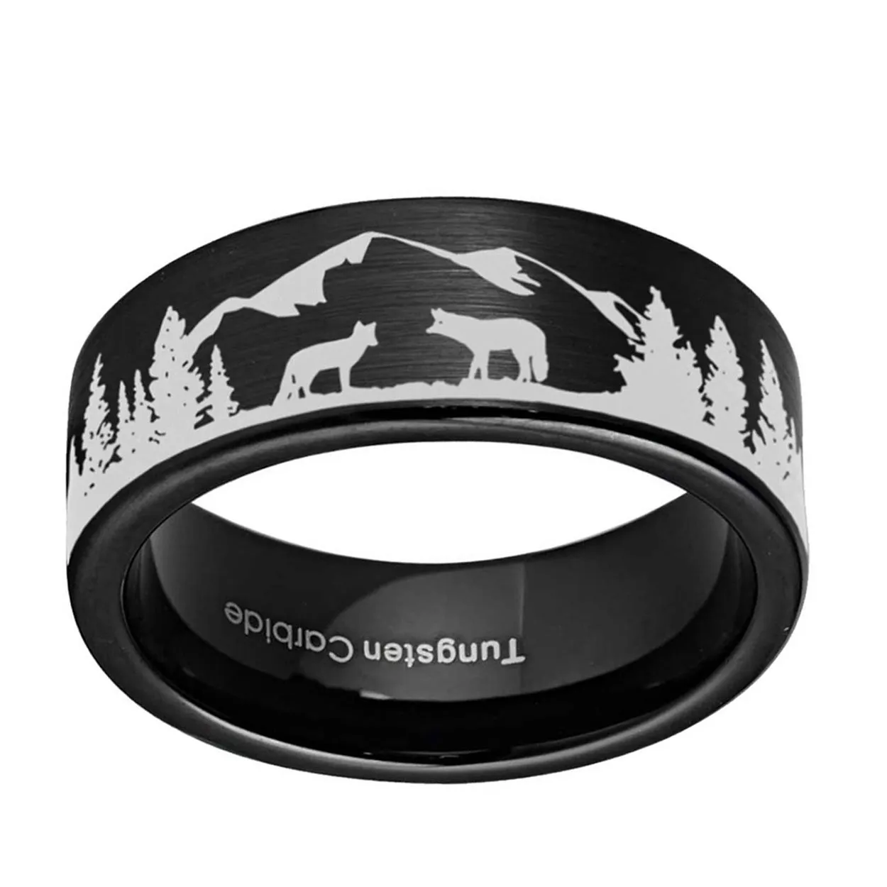 Foxes In Forest 8mm Pipe Cut Tungsten Ring Black