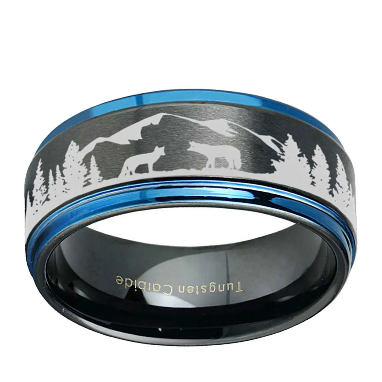 Foxes In Forest 8mm Step Edge Tungsten Ring Black Blue