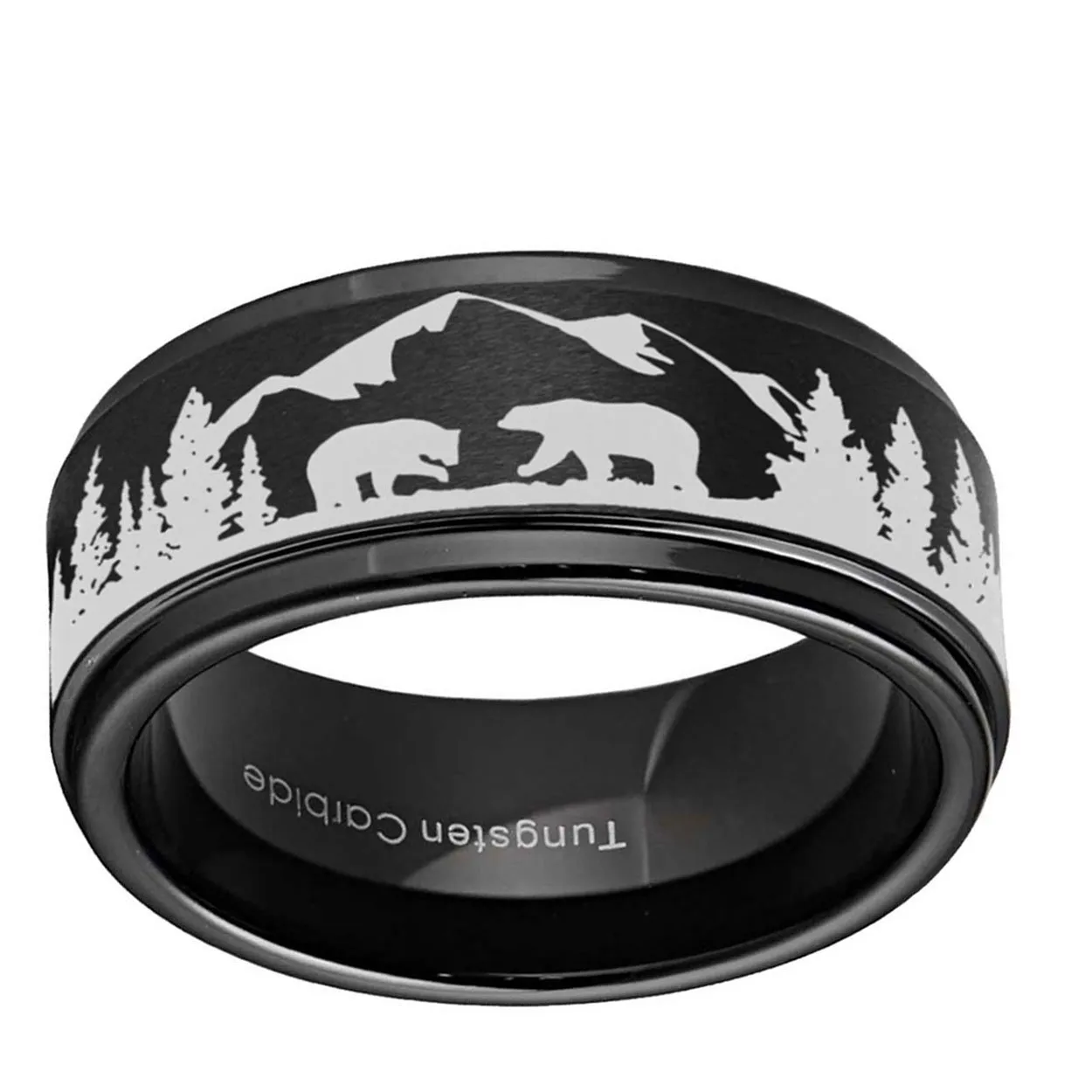 Bears Forest Mountain 8mm Step Edge Tungsten Ring Black