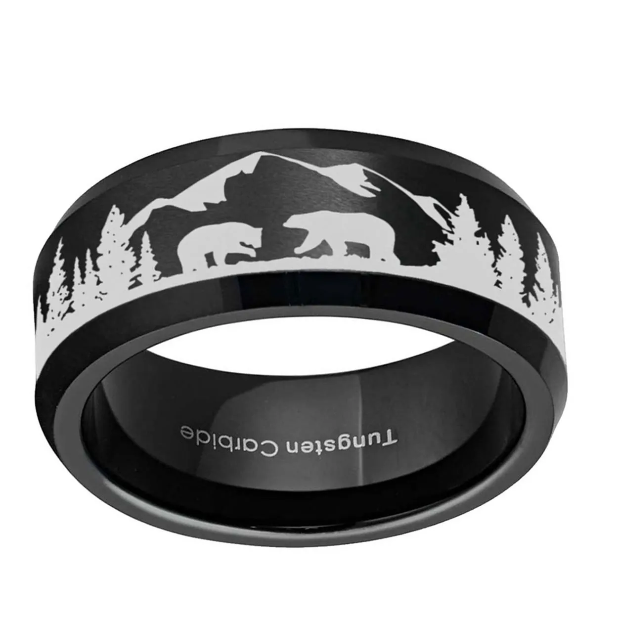 Bears Forest Mountain 8mm Beveled Edge Tungsten Ring