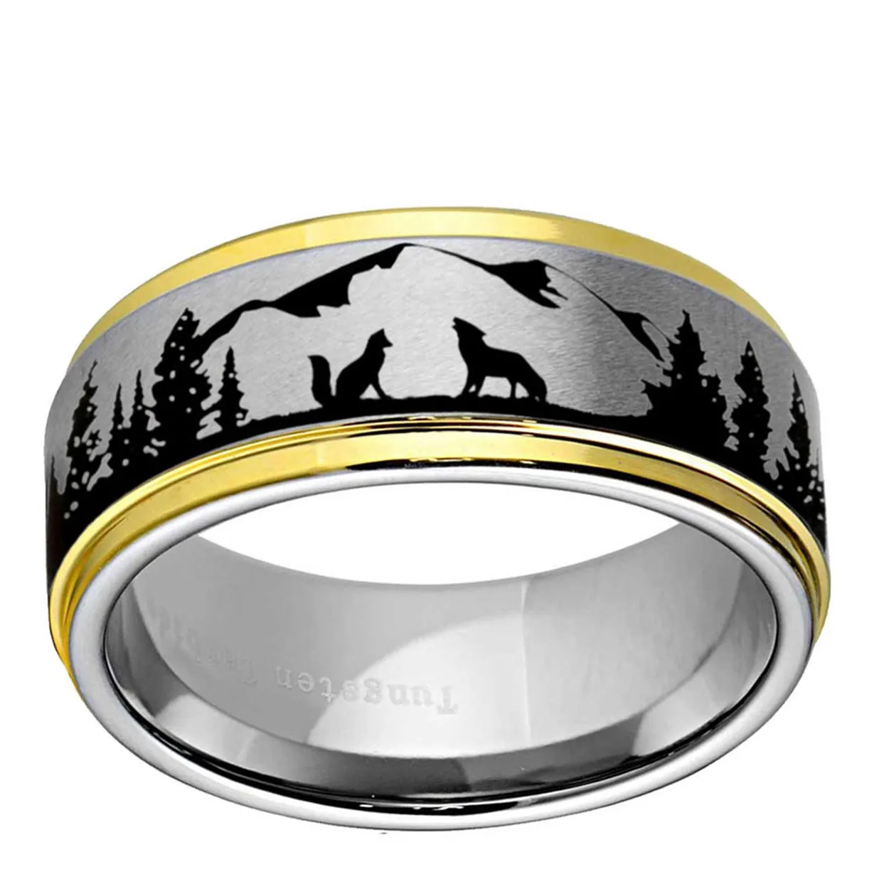 Coyote Wolf Forest 8mm Step Edge Tungsten Ring Gray Gold