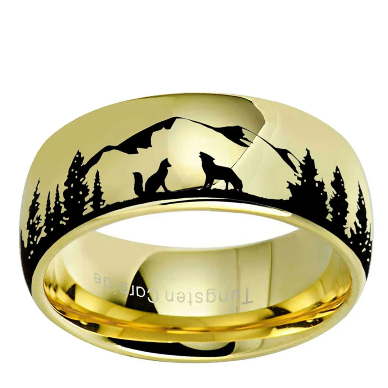 Coyote Wolf Forest 8mm Dome Tungsten Ring Gold