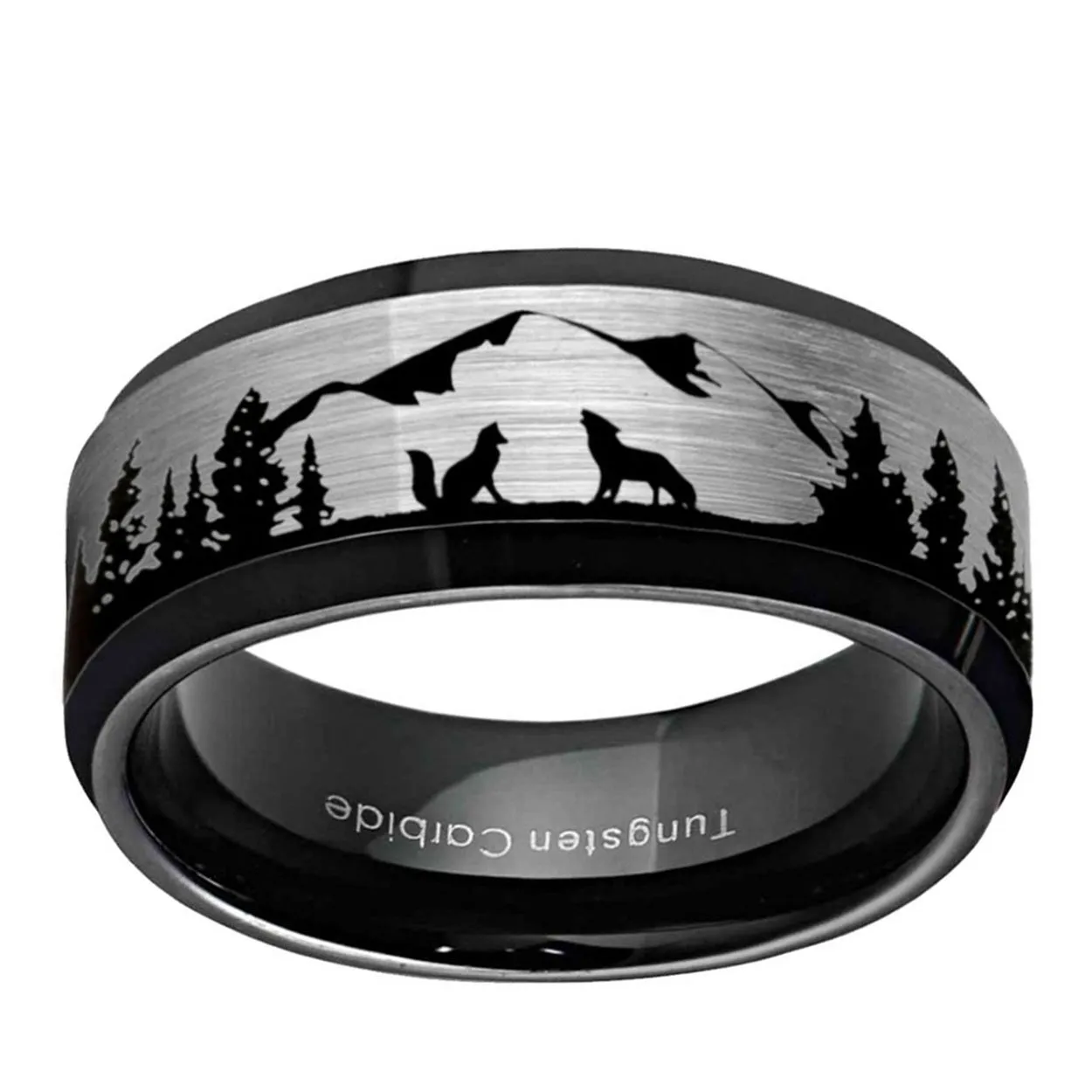 Coyote Wolf Forest 8mm Beveled Edge Tungsten Ring Gray Black