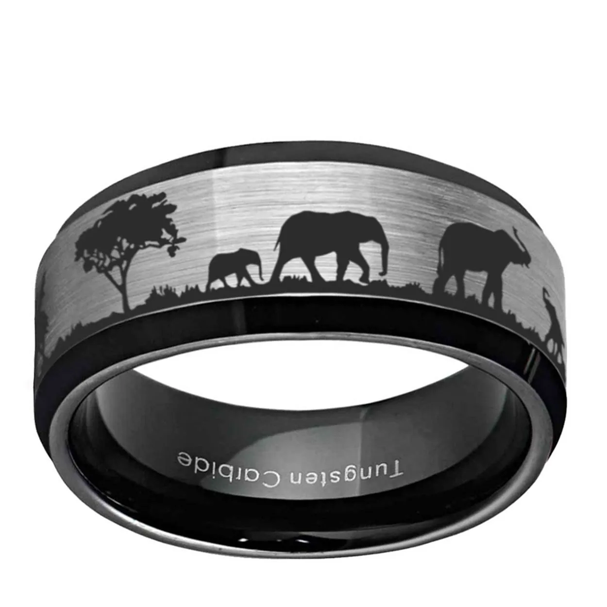 Wild Elephant 8mm Beveled Edge Tungsten Ring Gray Black