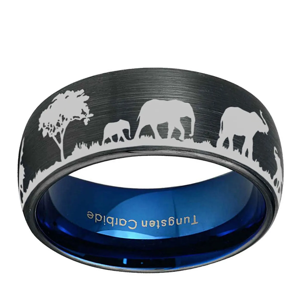 Wild Elephant 8mm Dome Tungsten Ring Black Blue