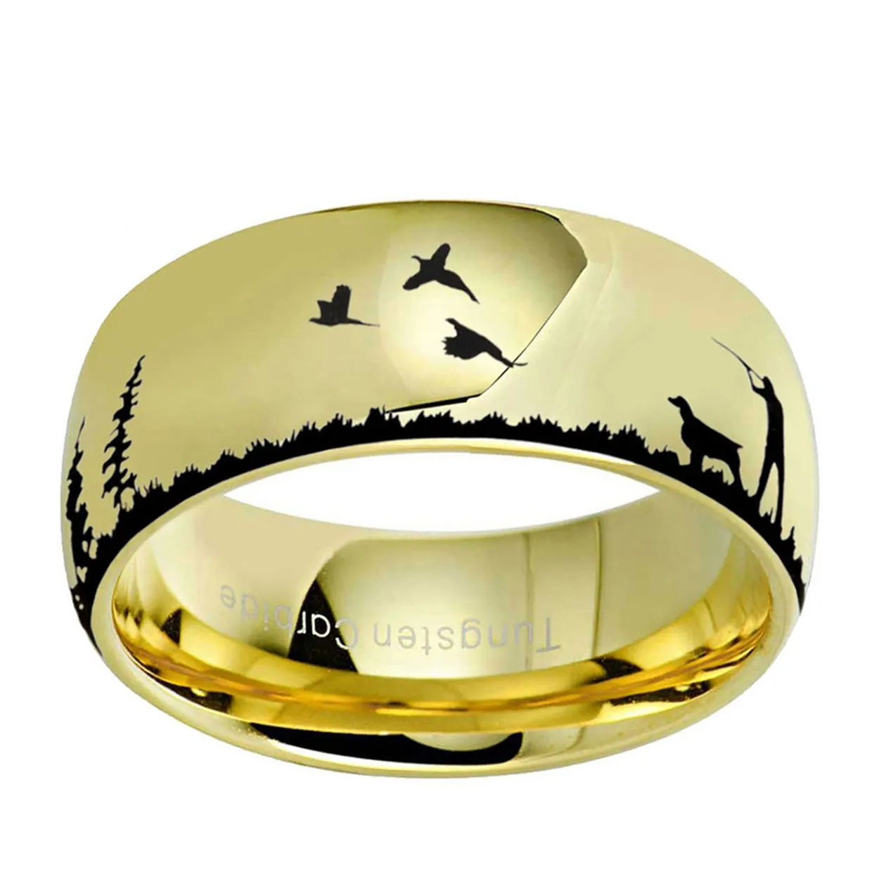 Pheasant Hunting 8mm Dome Tungsten Ring Gold