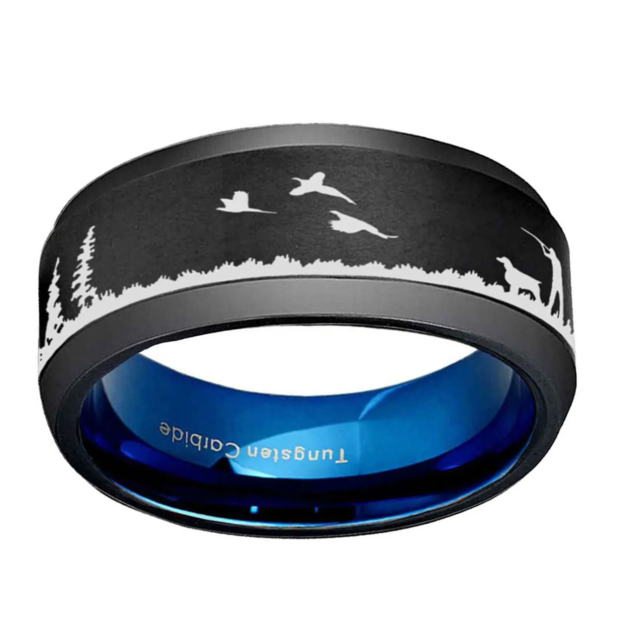 Pheasant Hunting 8mm Beveled Edge Tungsten Ring Black Blue