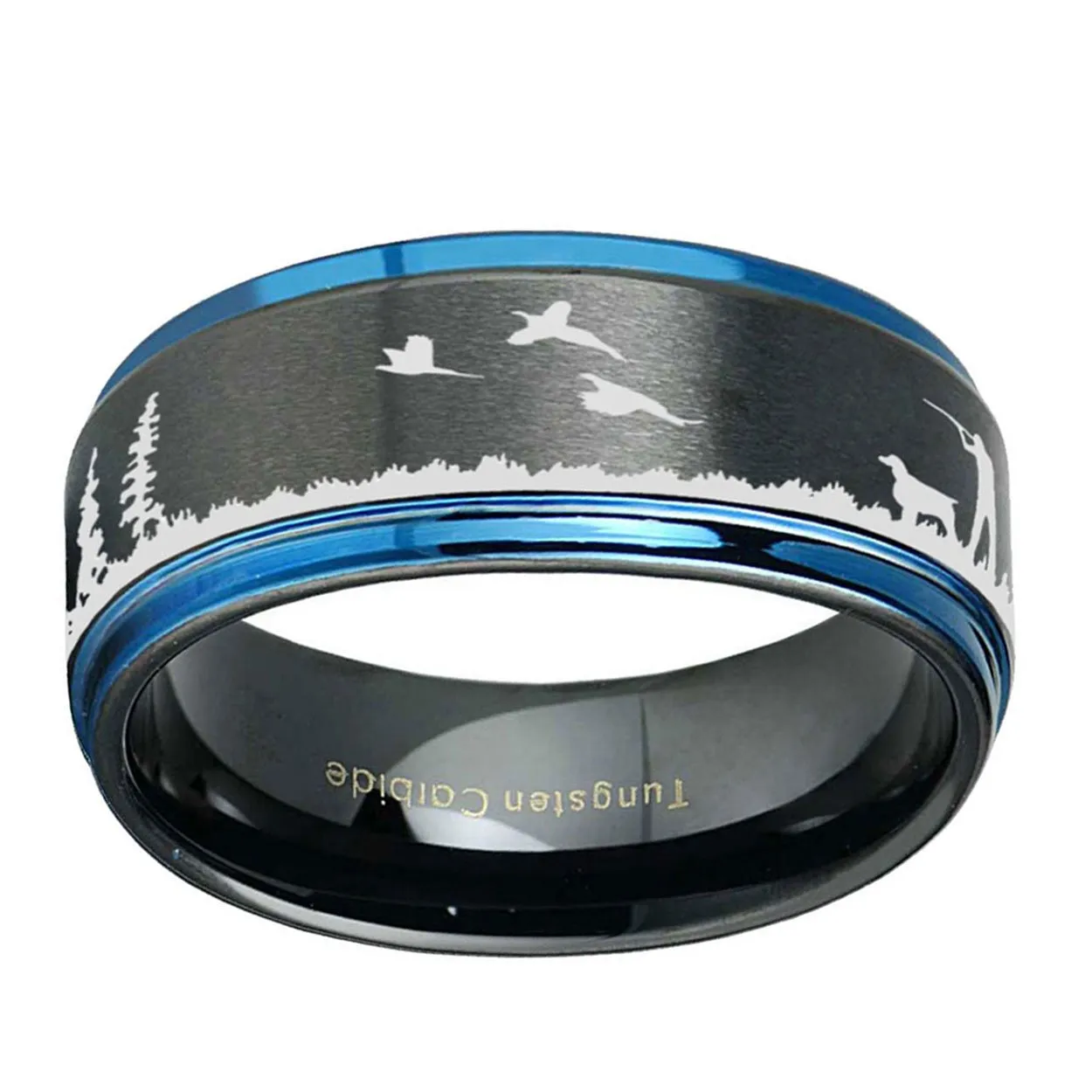 Pheasant Hunting 8mm Step Edge Tungsten Ring Black Blue