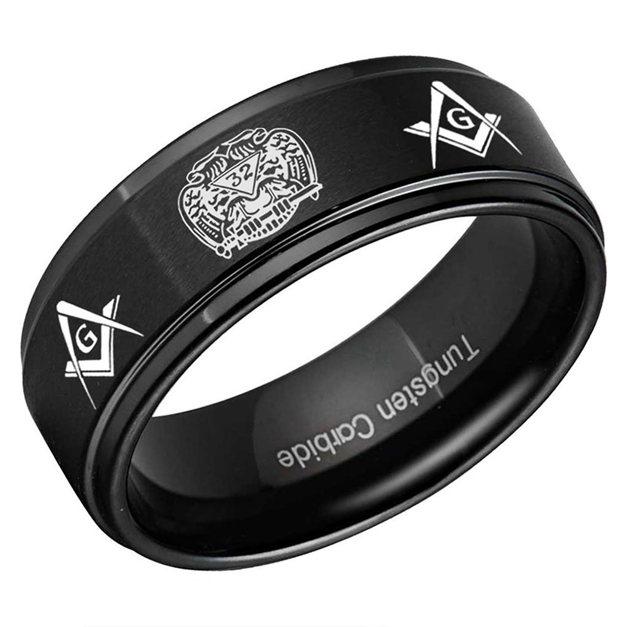 Masonic 32nd Degree Step Edge Tungsten Ring Matte Black 10mm