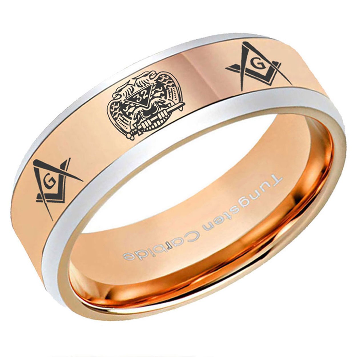 Masonic 32nd Degree Beveled Edge Tungsten Ring Rose Gold 10mm