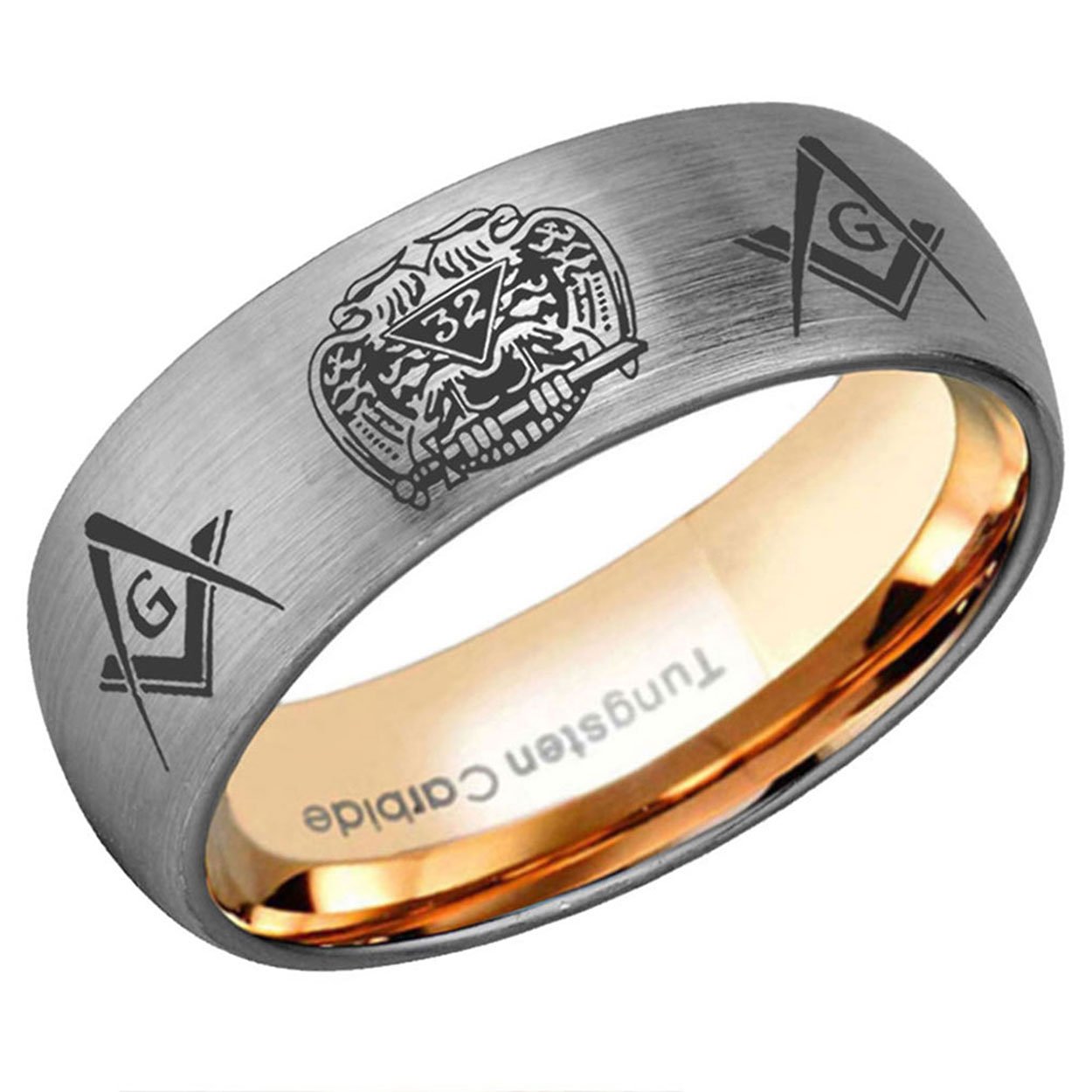 Masonic 32nd Degree Dome Tungsten Ring Rose Gold Gray 8mm