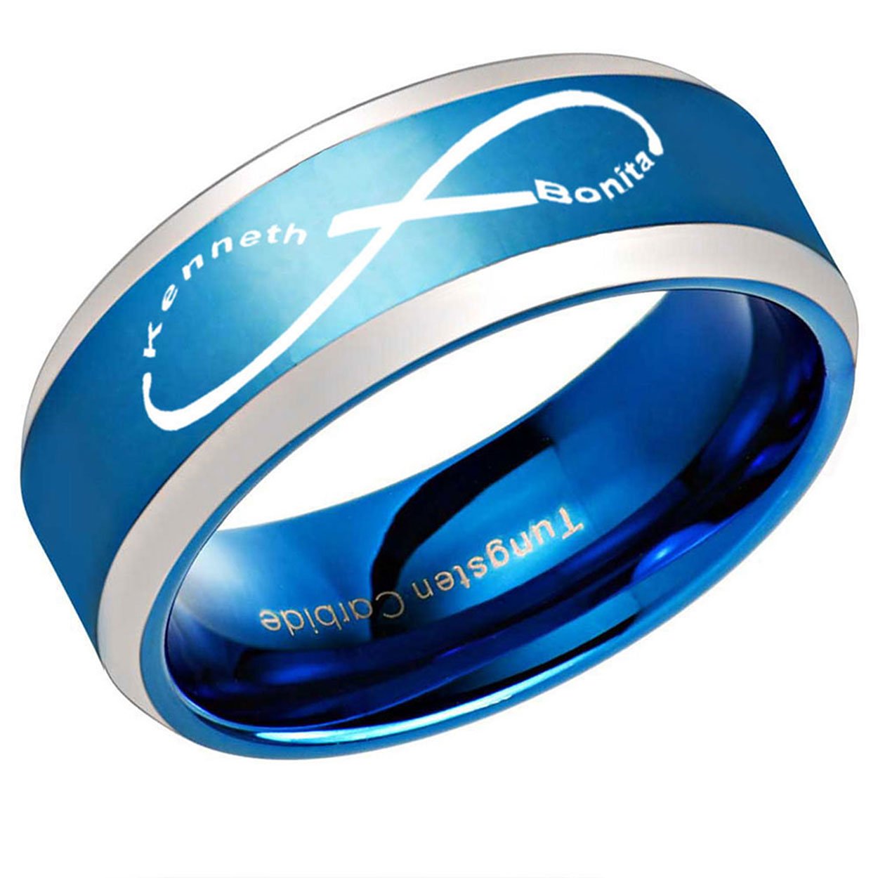 Infinity Two Names Beveled Edge Tungsten Ring 8mm Blue