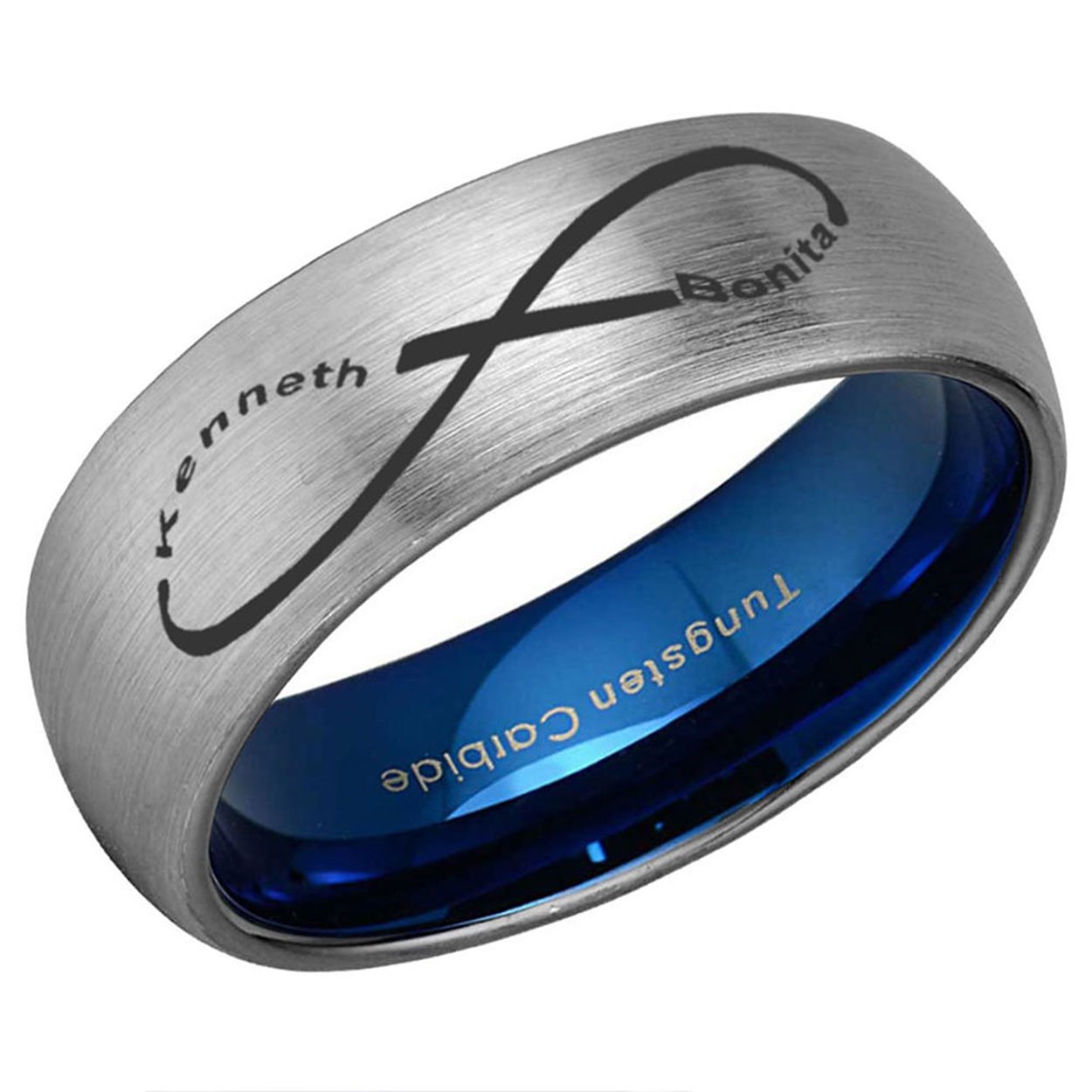 Infinity Two Names Dome Tungsten Ring 8mm Blue Gray
