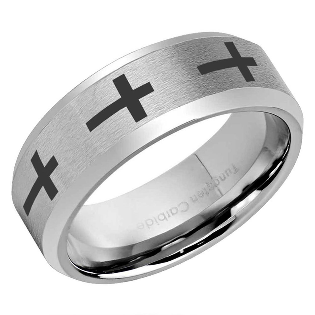 Cross Design Beveled Edge Tungsten Ring 8mm Matte Gray
