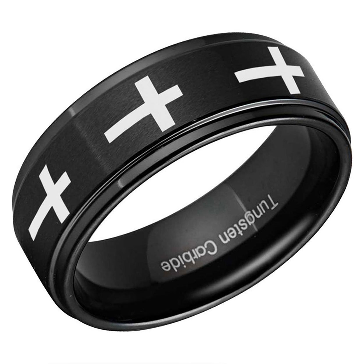 Cross Design Step Edge Tungsten Ring 8mm Matte Black