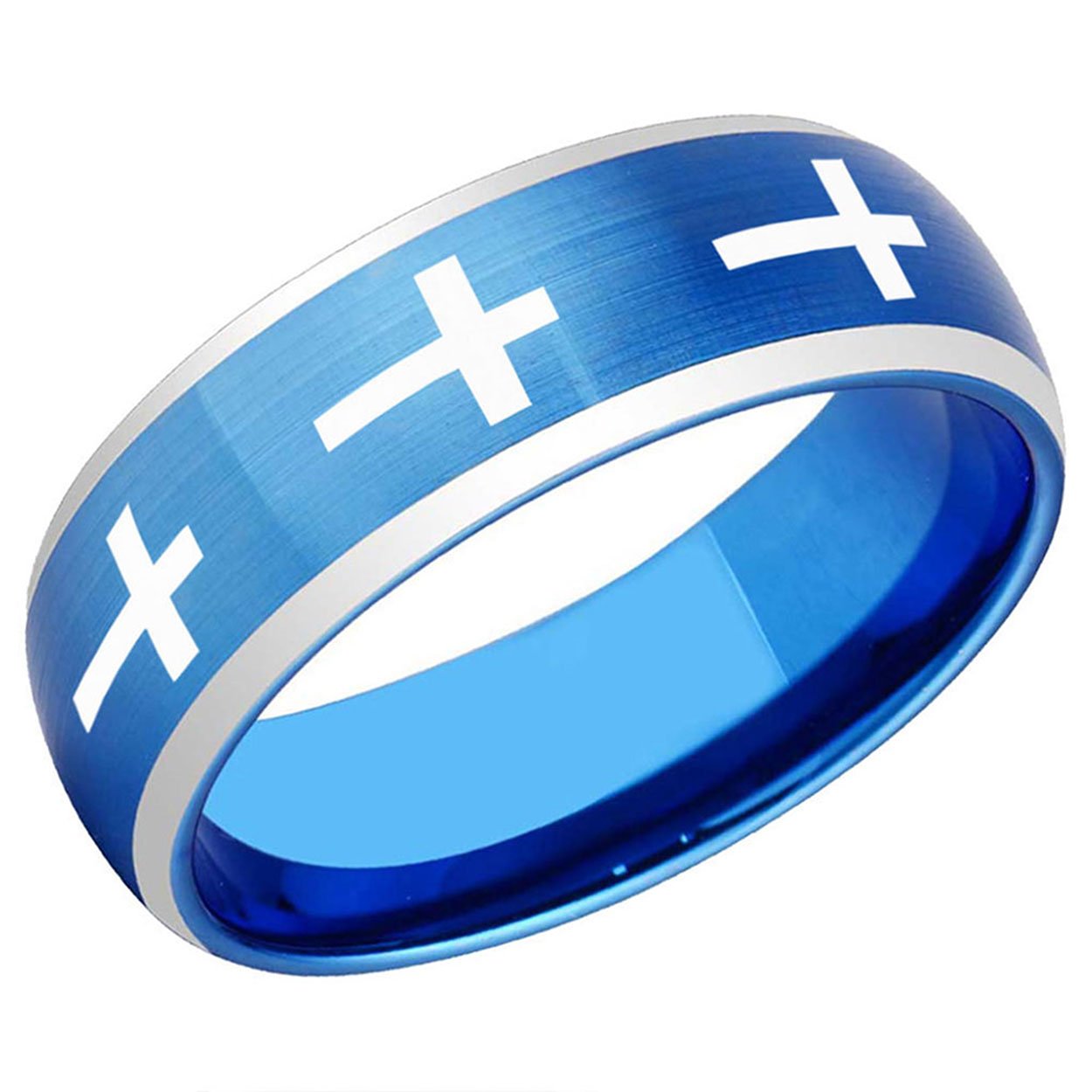 Cross Design Dome Tungsten Ring 8mm Brushed Blue