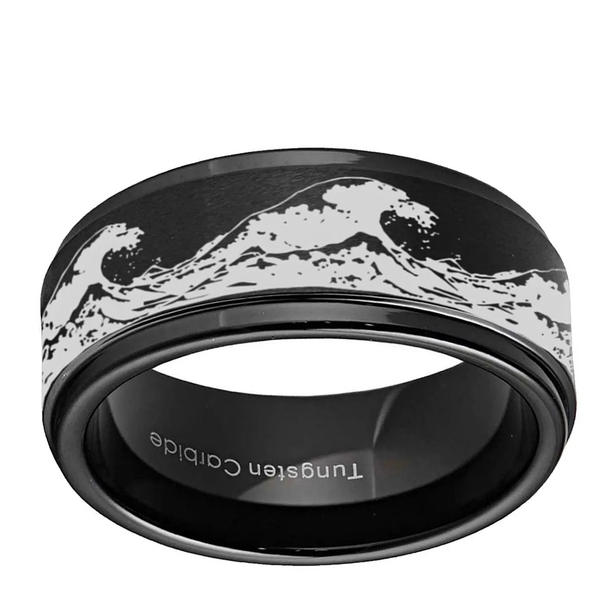 Ocean Wave 8mm Step Edge Tungsten Ring Black
